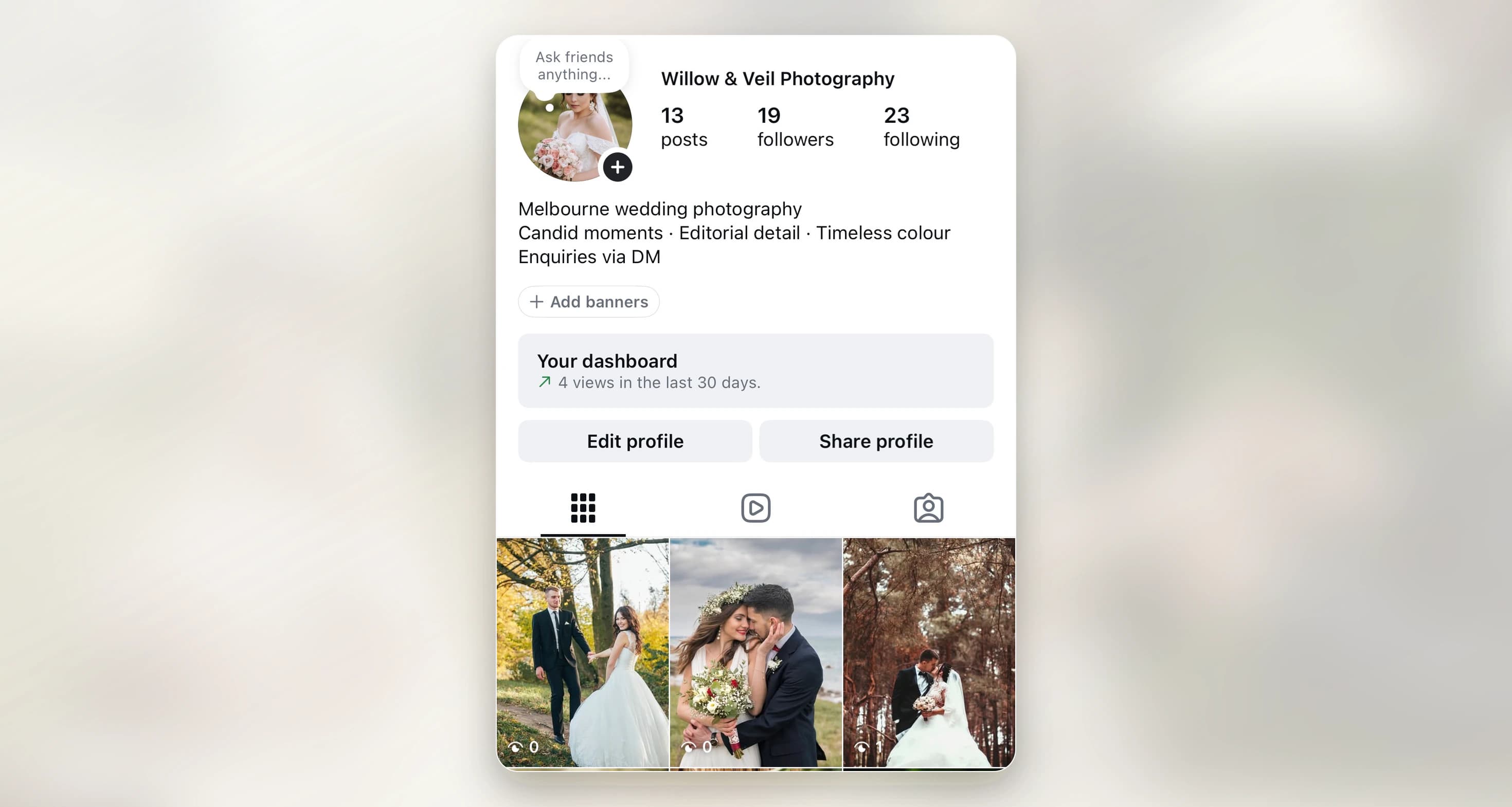 Willow and Veil Photography Instagram profile used as the source for a new website draft