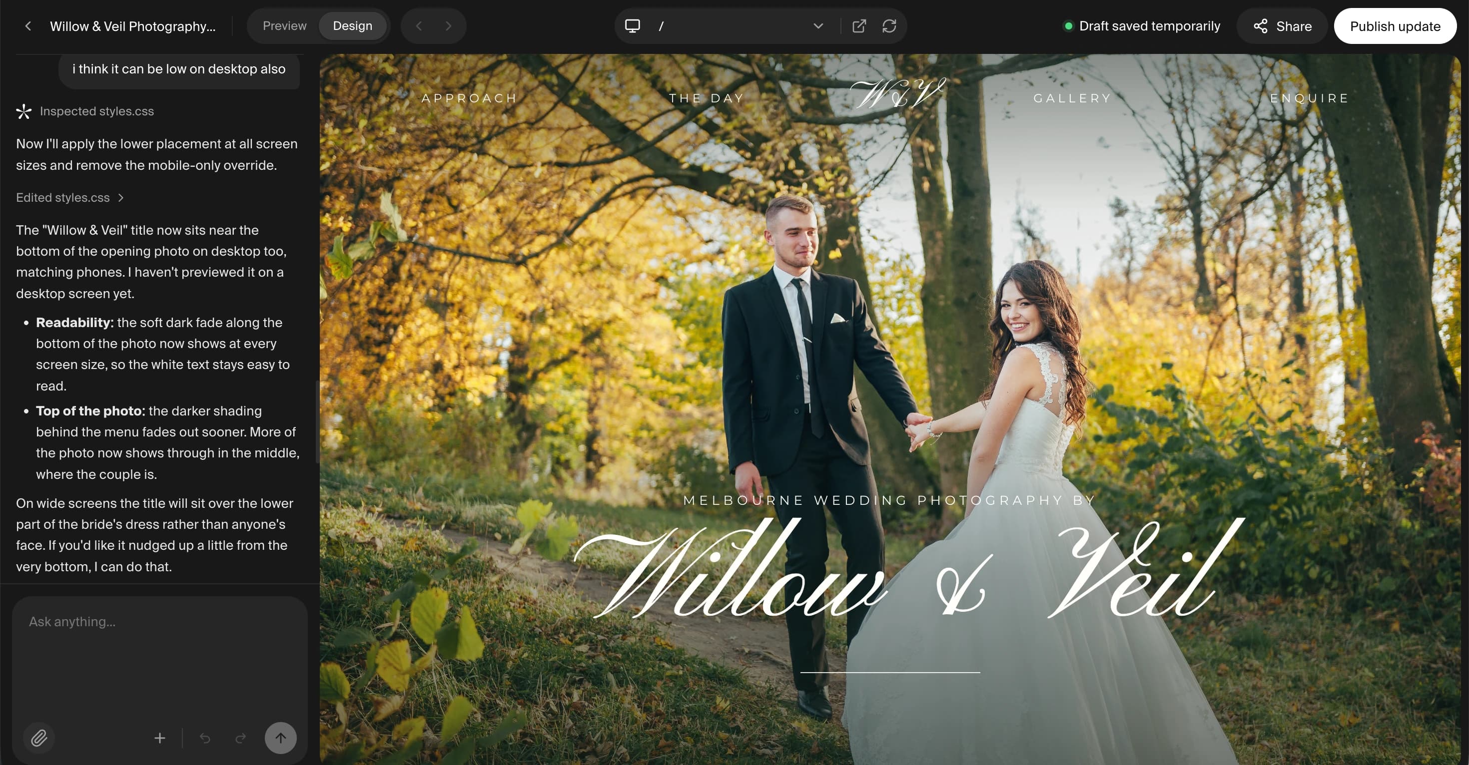 Asterisks Studio workspace showing the generated Willow and Veil Photography website
